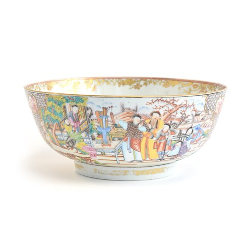 124 - A 19th century Newhall style porcelain punch bowl, decorated with panels of garden scenes, 30cm diam... 