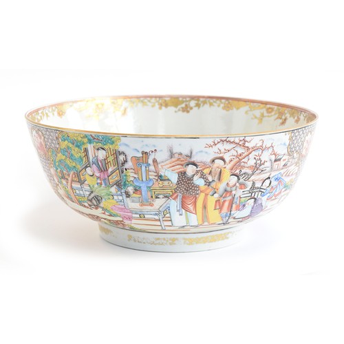 124 - A 19th century Newhall style porcelain punch bowl, decorated with panels of garden scenes, 30cm diam... 