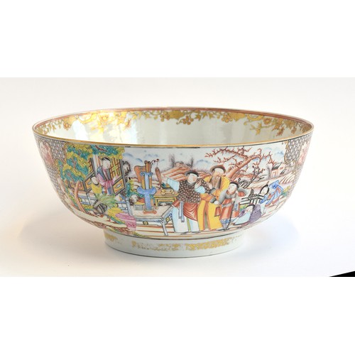 124 - A 19th century Newhall style porcelain punch bowl, decorated with panels of garden scenes, 30cm diam... 