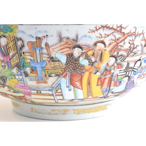 124 - A 19th century Newhall style porcelain punch bowl, decorated with panels of garden scenes, 30cm diam... 