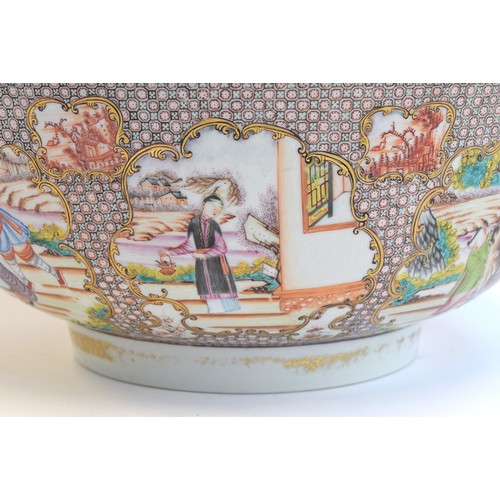 124 - A 19th century Newhall style porcelain punch bowl, decorated with panels of garden scenes, 30cm diam... 