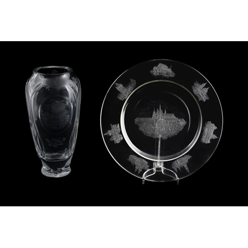 68 - A Czech clear and engraved glass topographical charger, mid-20th century, the centre with a view of ... 