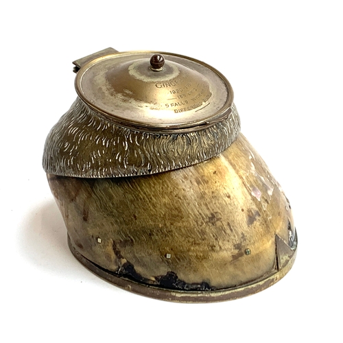 159 - An inkwell formed from a horses's hoof, lining absent, engraved 'Ginger Jim, 1920-7, 133 days, five ... 