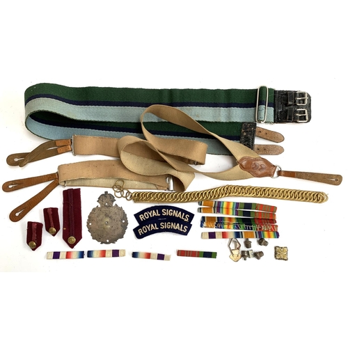 162 - A quantity of medal ribbon bars, together with Baxen suspenders, Royal signals patches, etc