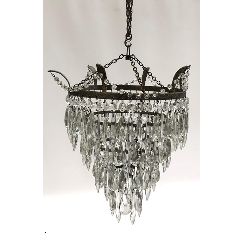 155 - A pair of three tier glass drop chandeliers, approx. 28cm long, together with a four tier chandelier... 