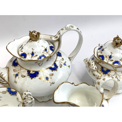 61 - A 19th century part tea service (af), Royal blue and floral design heightened in gilt, marked 5996 t... 