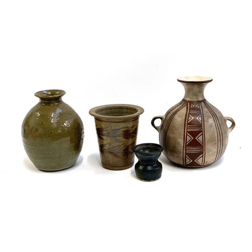 75 - A twin handled Chilean vase, 24.5cmH, together with three studio pottery vases, one stamped MV to ba... 