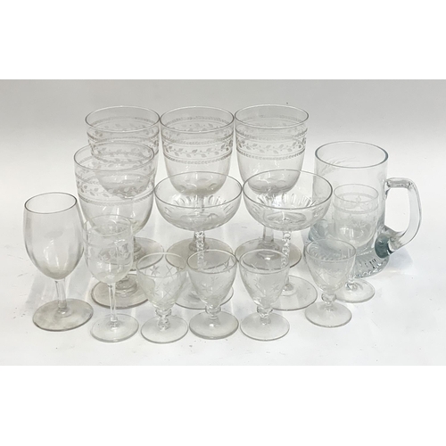 78 - A small lot of engraved glassware to include wine glasses, champagne cups etc