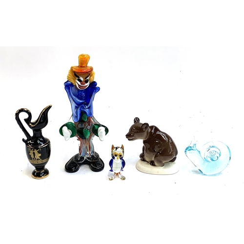 85 - An Art Glass clown figurine, 23cmH, together with a similar snail, an owl, a USSR bear cub, etc