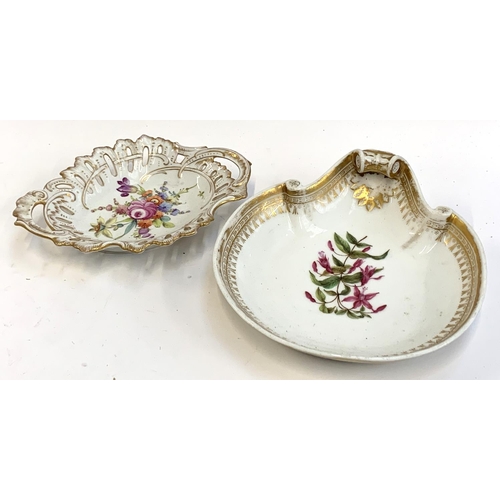 88 - A 19th century Dresden hand painted pierced bonbon dish, heightened in gilt, 22cmW, together with on... 