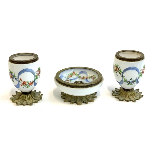 100 - A mixed lot to include French hand painted milk glass trinket pots with brass foot in the form of le... 