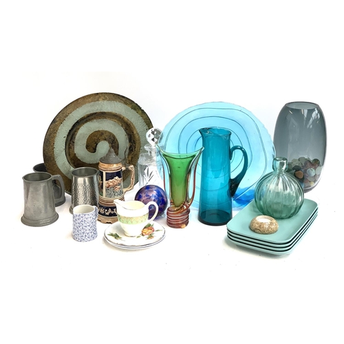 128 - A mixed lot to include art glass vase, blown glass bauble, pewter tankards, german stein, cut glass ... 