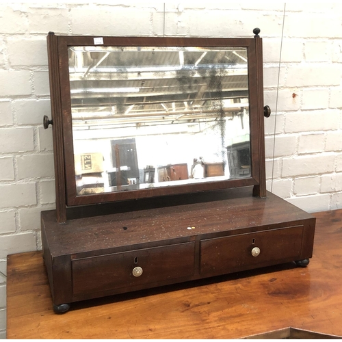 838 - A 19th century adjustable dressing mirror, original plate, with large base and two drawers, 67cmW