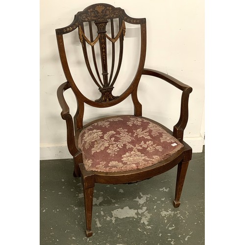 857 - An Edwardian marquetry shield back occasional chair