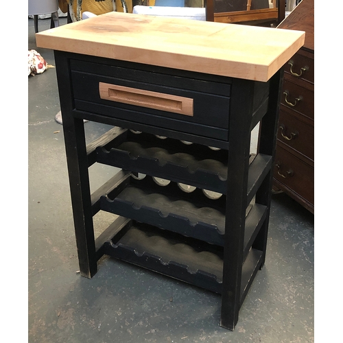 826 - A beech topped painted kitchen unit, with wine racks below, 70x41x91cmH