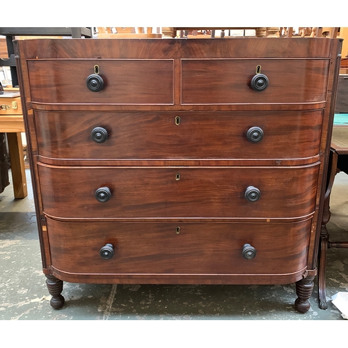 828 - A mahogany North Country chest of two short over three long drawers, on turned feet, front leg af, 1... 