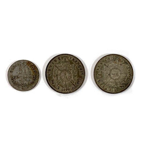 6 - Two Napoleon III 1 Franc coins, 1868, 1869, together with a 50 Centesimi coin, 1863