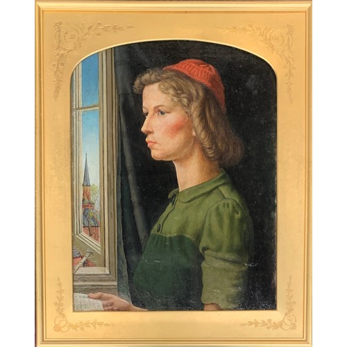 326 - 20th century oil on board, portrait of woman in an orange hat, signed 'CW Oliver' and dated 1949, gi... 