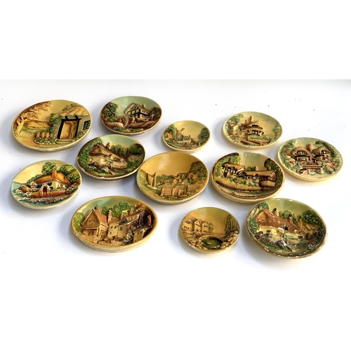 132A - A collection of 12 decorative wall hanging chalkware cottage plates, one signed E.W Usher