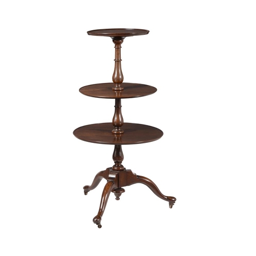 523 - A 19th century mahogany three tiered dumb waiter in George III style, 54cm diameter, 110cm high