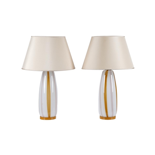 382 - A pair of opaque and amber glass table lamps, with paper 'Gingham' shades, 64cm high overall