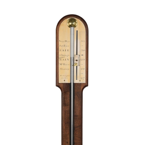 438 - A George III mahogany stick barometer, by Worthington, London, c.1810, with arched caddy-moulded upp... 