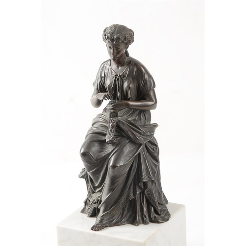 110 - A bronze model of a lady sewing a bell pull, late 19th century, atop a variegated white marble cuboi... 