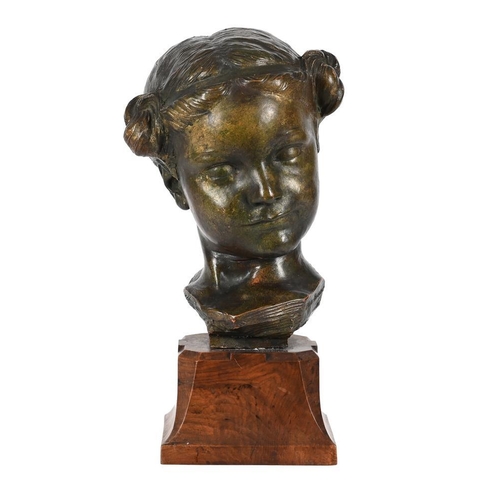 111 - Max Blondat (French, 1872-1926), a cold painted terracotta bust of a young girl, on a walnut plinth ... 