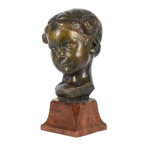 111 - Max Blondat (French, 1872-1926), a cold painted terracotta bust of a young girl, on a walnut plinth ... 