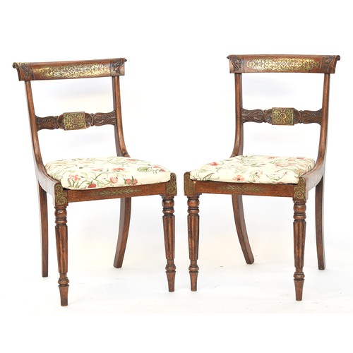 593 - A pair of Regency beech and brass inlaid dining chairs, with cane seats