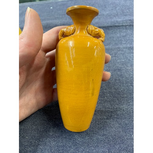 96 - Two small yellow glaze Chinese vases with elephant handles, approx 12cmH, together with a small gree... 