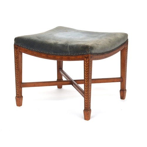 611 - A 19th century upholstered footstool, the stuffover seat raised on parquetry inlaid square tapered l... 