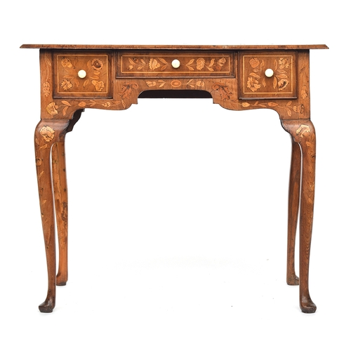 555 - An 18th century oak lowboy, all over floral marquetry, the moulded top over three frieze drawers, on... 