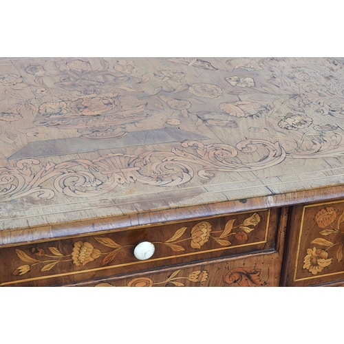 555 - An 18th century oak lowboy, all over floral marquetry, the moulded top over three frieze drawers, on... 