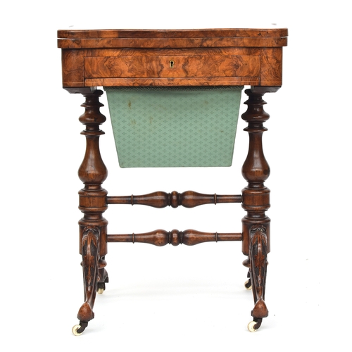 537 - A 19th century burr walnut and marquetry games and work table, the shaped foldover top opening to re... 