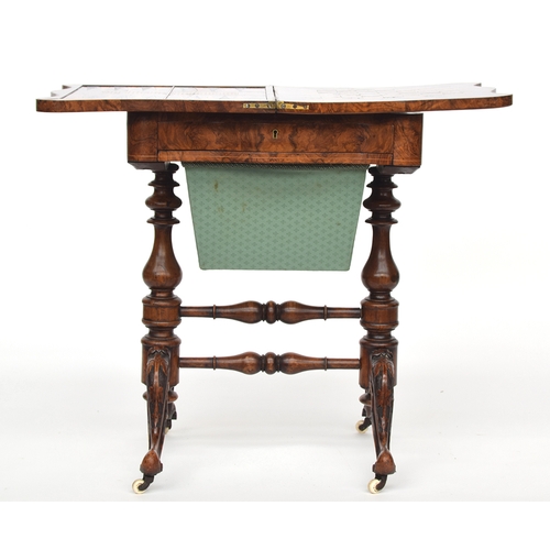 537 - A 19th century burr walnut and marquetry games and work table, the shaped foldover top opening to re... 