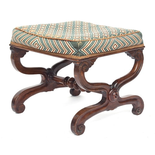 613 - An Italian cross frame footstool, upholstered seat, with bobbin turned stretcher, 50cm wide, 47cm de... 