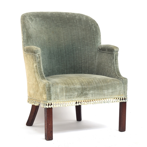 600 - A George III barrel back armchair, on square section legs (repairs), approx. 71cm wide