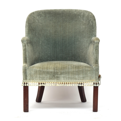 600 - A George III barrel back armchair, on square section legs (repairs), approx. 71cm wide