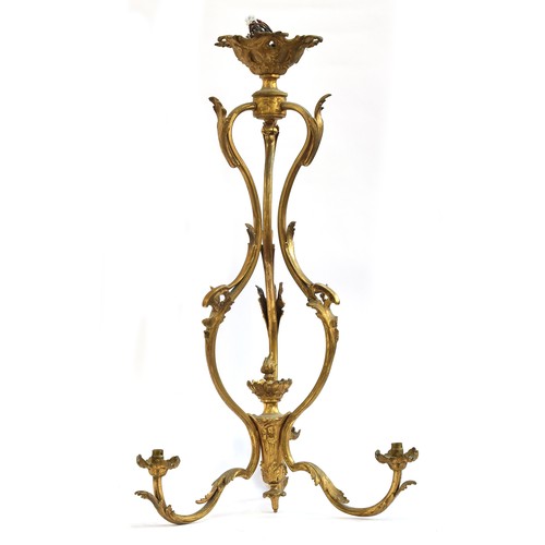 376 - A French gilt brass three arm ceiling light of scrolling foliate form, 74cm high