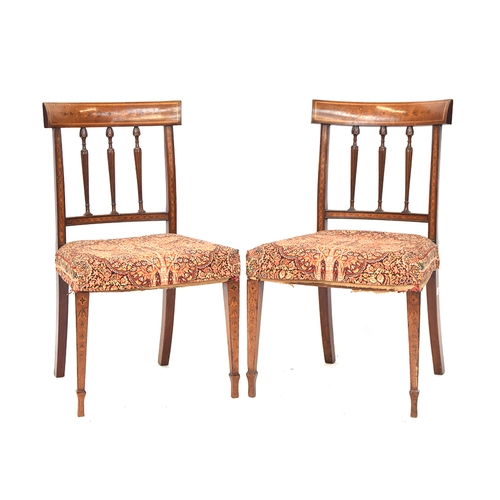 592 - A set of eight 19th century mahogany dining chairs, curved rail with bell flower marquetry, stuffove... 