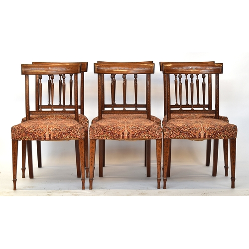 592 - A set of eight 19th century mahogany dining chairs, curved rail with bell flower marquetry, stuffove... 