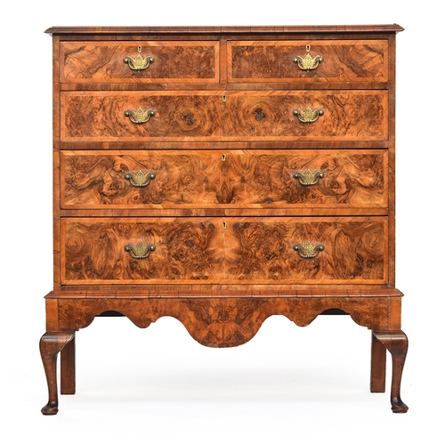 496 - An 18th century and later burr walnut and crossbanded chest on stand, the quarter veneered moulded t... 