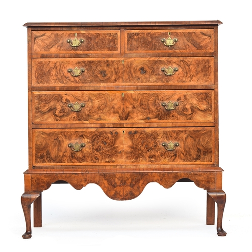 496 - An 18th century and later burr walnut and crossbanded chest on stand, the quarter veneered moulded t... 