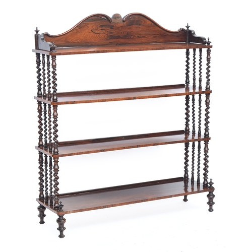 647 - A 19th century four tier rosewood whatnot, on barleytwist supports and turned feet, 107cm wide, 27cm... 