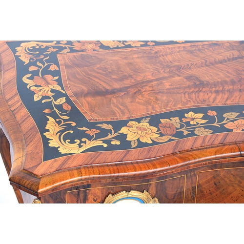 530 - A walnut and marquetry card table, the shaped foldover top with floral marquetry border, the frieze ... 