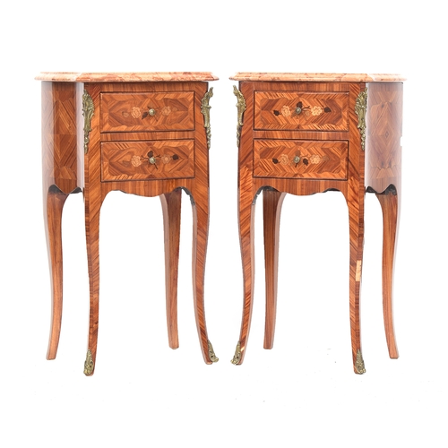 634 - A pair of tulipwood and marble topped petite commodes, of recent manufacture, each ormolu mounted wi... 