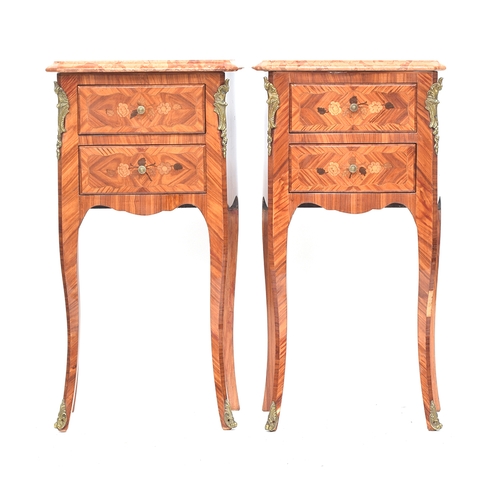 634 - A pair of tulipwood and marble topped petite commodes, of recent manufacture, each ormolu mounted wi... 