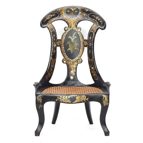 623 - A Victorian papier mache ebonised, parcel gilt and mother of pearl inlay slipper chair in the manner... 