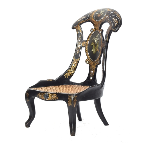 623 - A Victorian papier mache ebonised, parcel gilt and mother of pearl inlay slipper chair in the manner... 